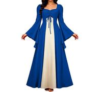 Women Renaissance Maxi Dress With Bell Sleeves Medieval Halloween Costumes | Square Neck Long Sleeve Maxi Dress Halloween Witch Victorian Peasant Vintage Cosplay Costume