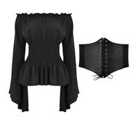 Women Renaissance Top Medieval Blouse Bell Sleeve Off Shoulder Gothic Victorian Shirt Off The Shoulder With Corset Waist Belt Fancy Pirate Halloween Costume (4 Colour)