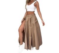 Women Resort Wear Clothing 2 Pcs/set Top Skirt Set Low-cut Sleeveless Short High Waist Split A-line Maxi with Belt Solid Color Brown 2XL
