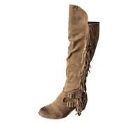 Women Retro Fringe Over The Knee Long Heel Casual High Boots Elegant Western Style Footwear For Ladies Comfortable Stretch Fit (Khaki, 4)