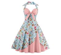 Women Retro Vintage 1950s 50s 60s Halter Neck Audrey Hepburn Style Casual Floral Print Flared Rockabilly Tea Party Cocktail A-Line Dress Pink M