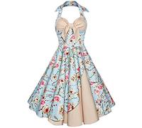 Women Retro Vintage 1950s 50s 60s Halter Neck Audrey Hepburn Style Casual Floral Print Flared Rockabilly Tea Party Cocktail A-Line Dress Apricot 4XL