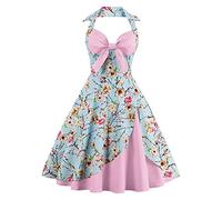 Women Retro Vintage 1950s 50s 60s Halter Neck Audrey Hepburn Style Casual Floral Print Flared Rockabilly Tea Party Cocktail A-Line Dress Light Pink S