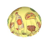 Women Reusable Shower Cap Cactus-And-Taco-Mexican-Food DoubleWaterproof Elastic Band Bath Hair Hat Stretch Hem Hair Hat