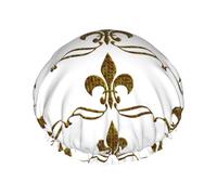 Women Reusable Shower Cap Fleur-De-Lis-Vintage-Gold DoubleWaterproof Elastic Band Bath Hair Hat Stretch Hem Hair Hat