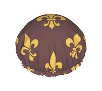 Women Reusable Shower Cap Golden-Fleur-De-Lis DoubleWaterproof Elastic Band Bath Hair Hat Stretch Hem Hair Hat