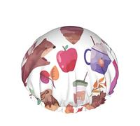 Women Reusable Stretch Hem Hair Hat Autumn Watercolor Squirrel Hedgehog DoubleWaterproof Shower Cap Bath Cap