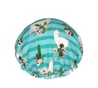 Women Reusable Stretch Hem Hair Hat Funny Llama Cactus Blue DoubleWaterproof Shower Cap Bath Cap