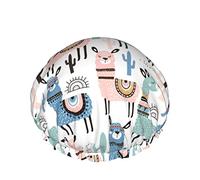 Women Reusable Stretch Hem Hair Hat Funny Llama Cactus Green DoubleWaterproof Shower Cap Bath Cap