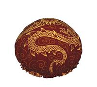 Women Reusable Stretch Hem Hair Hat Gold Dragons Red DoubleWaterproof Shower Cap Bath Cap