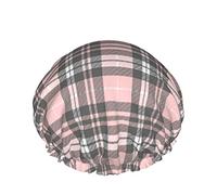 Women Reusable Stretch Hem Hair Hat Pink Grey Plaid Tartan DoubleWaterproof Shower Cap Bath Cap