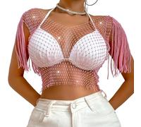 Women Rhinestone Crop Top Sparkly Body Chain Fishnet Fringe Shoulder Tank Top Crystal See Through Party Clubwear, Pink, One Size