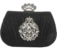 Women Rhinestone Evening Pleated Clutch Bridal Wedding Purse Crystal Handbag Elegant Crossbody Glitter Shoulder(Black)