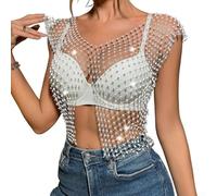 Women Rhinestone Fishnet Crop Vest Forked Hem