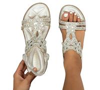 Women Rhinestone Flat Sandals Ankle Strap Summer Gold Silver Shiny Gem Sandals Dressy Bridal Beach Bohemian Rhinestone Sandals For Wedding (Silver, 7)