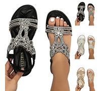 Women Rhinestone Flat Sandals Ankle Strap Summer Gold Silver Shiny Gem Sandals Dressy Bridal Beach Bohemian Rhinestone Sandals For Wedding (Black, 5.5)