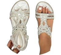 Women Rhinestone Flat Sandals, Ankle Strap Summer Shiny Gem Shoes Leather Open Toe with Sparkling Flower-Shaped Dressy Bridal Beach Bohemian Casual Rhinestone Sandals For Wedding