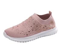Women Rhinestone Slip On Sneakers Sparkly Casual Walking Shoes Breathable Knit Upper Lightweight Non Skid Outsole Padded Insole Flexible Design for Party Daily Event Travel Shopping Outing Pink
