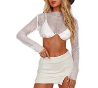 Women Rhinestone Top Black Mesh Chain Fishnet Long Sleeve Outfit - Sparkly Crystal Rave Crop Shirt, White Rhinestone, S
