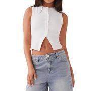 Women Ribbed Button Down Tank Tops Y2k Aesthetic Cute Summer Sleeveless Crop Shirt Going Out Tops Basic Vest (A1 White, L)