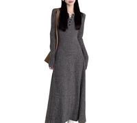 Women Ribbed Knit Maxi Dress Long Sleeve V Neck, Bodycon Sweater Dress, Slim Fit A-line Long Dres Party Clubwear, Button Vintage Classic A-line Graceful Vestidos (Gray,M)