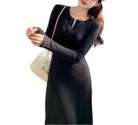 Women Ribbed Knit Maxi Dress Long Sleeve V Neck, Bodycon Sweater Dress, Slim Fit A-line Long Dres Party Clubwear, Button Vintage Classic A-line Graceful Vestidos (Black,XL)