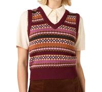Women Ribbed Knit Sweater Vest Cherry Fish Pattern Sleeveless Crew Neck Loose Fit Pullover Tank Tops for Fall Winter (E-Brown, L)