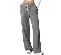 Women Ribbed Knitted Wide Leg Trousers Baggy Lounge Jogging Sweatpants Elastic Waisted Drawstring Straight Leg Tracksuit Bottoms with Pockets Casual Soft Comfy Pants