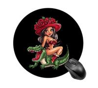 Women Riding Alligatores Mouse Pad Round Mouse Mat Non-Slip Mousepad for Home Office