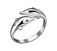 Women Ring for Ramadan Valentine's Day Exquisite Jewelry Ring Love Rings Fashion Women Silver Plated Double Dolphin Opening Adjustable Finger Ring Gift Wedding Band Best Thin (Silver, One Size)