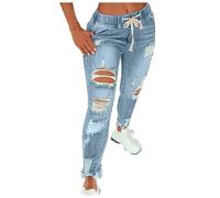Women Ripped Jeans High Waist Skinny Stretch Destroyed Denim Pants Plus Size Drawstrings Elasticated Waist Distressed Jeans Casual Y2k Streetwear Ripped Cut Out Denim Pants