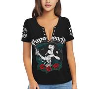 Women Roach Music Rock Band Papa T Shirt Deep V Neck tee Shirt Short Sleeve Sexy Tops Low Cut Cleavage Summer Casual Basic Button Top Tees