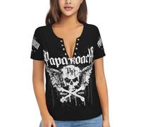 Women Roach Music Rock Band Papa T Shirt Deep V Neck tee Shirt Short Sleeve Sexy Tops Low Cut Cleavage Summer Casual Basic Button Top Tees