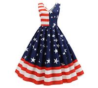 Women Rockabilly Retro 1950s Women Vintage Sleeveless V Neck American Flag Printing Evening Party Swing Dress Swing A-line Dress Clearance Blue