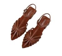 Women Roman Sandals Summer Low Heel Ankle Strap Buckle Sandals Pointed Toe Hollowed Out T-Strap Sandalias,Brown,2 UK