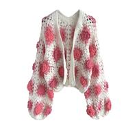 Women Rose Garden Boho Knitwear Crochet Hand Made Jacket Floral Chunky Cable Knitted Open Front Cardigan Pink Sweater, Pink, One size