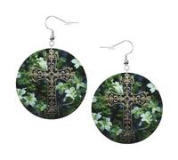 Women Round Earrings Leather Hoop Earrings Lightweight Dangle Earring | Black Cross Among Green Flowers Silver Earring For Women Ladies Fashion Jewelry Gift Valentine'S Day