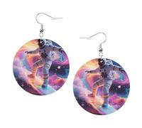 Women Round Earrings Leather Hoop Earrings Lightweight Dangle Earring | Colorful Astronaut Surfing In Galaxy Silver Earring For Women Ladies Fashion Jewelry Gift Valentine'S Day