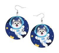 Women Round Earrings Leather Hoop Earrings Lightweight Dangle Earring | Cute Husky Astronauts On Space Silver Earring For Women Ladies Fashion Jewelry Gift Valentine'S Day