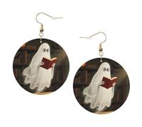 Women Round Earrings Leather Hoop Earrings Lightweight Dangle Earring | Halloween Spooky Ghost Reading Books Silver Earring For Women Ladies Fashion Jewelry Gift Valentine'S Day