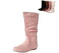 Women Round Toe Slouch Vegan Comfy Flat Mid Calf Tall Faux Suede Leather Boots Slouchy Pull on Round Toe Knight Riding Shoes (Pink,5)