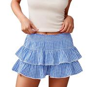 Women Ruffle Fairy Skirt Floral Striped Gingham Flowy Mini Skirt Stretchy Waist Multilayer Pleated Short Skirt