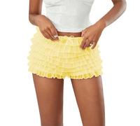 Women Ruffle Frill Shorts Elegant Elastic Waist Lace Mini Shorts Lolita Layered Bloomers Y2k Streetwear (D-Light Yellow, L)