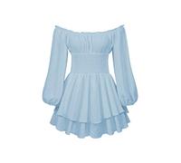 Women Ruffle Mini Dress Off Shoulder Long Sleeve Renaissance Milkmaid Fairy Corset Flowy Romper Dress (A-Blue, S)