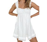 Women Ruffle Mini Dress Y2k Fairy Sleeveless Square Neck Floral Embroidery Loose Swing Short Dress Beach Club Boho A-Line Dress (White, S)
