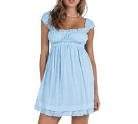 Women Ruffle Mini Dress Y2k Fairy Sleeveless Square Neck Floral Embroidery Loose Swing Short Dress Beach Club Boho A-Line Dress (Blue, M)