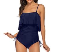 Women Ruffle Swimsuit One Piece Swimwear Push Up Padded Bikini Sexy Drawstring Bathing Suit Retro Vintage Swimming Costume Solid Color Monokini Ladies Backless Beachwear UK Navy