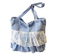Women Ruffle Tote Bag with Drawstring Lace Trim Handbag Lightweight | Plaid Layered Shoulder Purse with Drawstring Lace Trim Handbag Lightweight; Sweet Lolita Style; Spacious Deep Compartment;