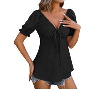 Women Ruffle Trim Tie Notch Neck Raglan Puff Short Sleeve Blouse Top Drawstring Sweetheart Neck Peplum Tees Eyelet Embroidery T Shirt Tops Tie Front Casual Fall Blouses Plus Size 22 UK Sale Clearance