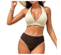 Women Ruffled Contrast Two Piece Bikini Split Swimwear High Waisted Bathing Suit Summer Beach Holiday Outfit Size S-XL(Coffee S)